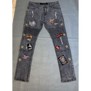 Cain & Able Distressed Men’s Jeans Rock & Roll Band Patchwork Jeans Retro Sz 32